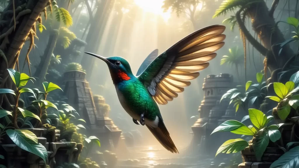 Colibrí dorado en ruinas mayas